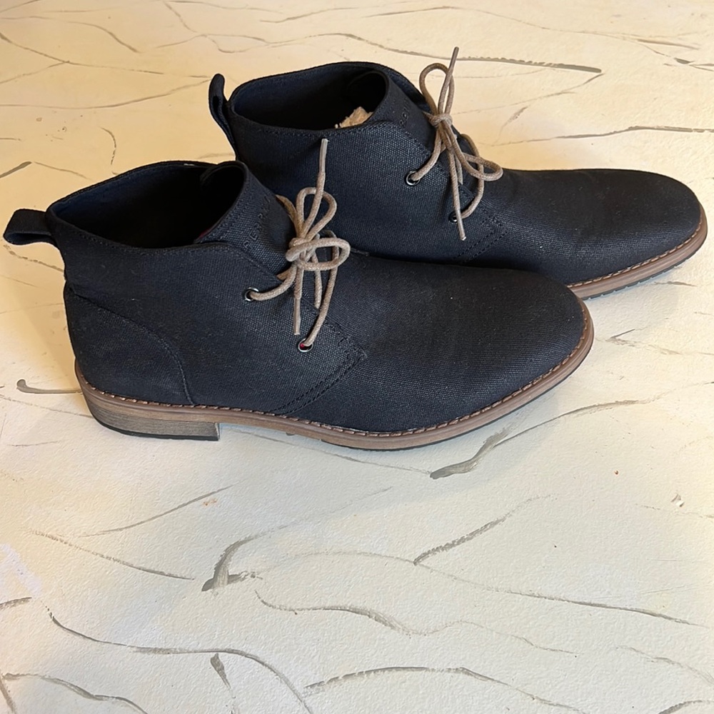 Perry Ellis Black with light brown laces, high top dress shoes, size 10